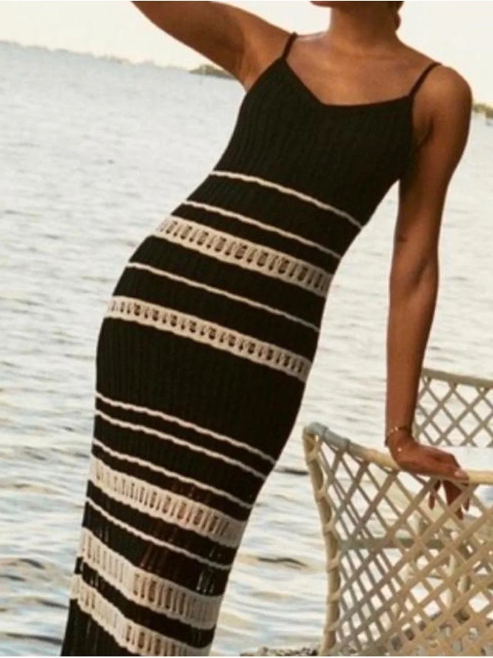 Abercrombie & Fitch Black and Cream Striped Maxi Dress